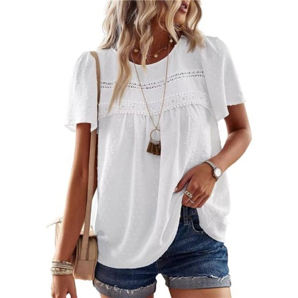 Summer Tops Crewneck Short Sleeve Shirts Casual Chiffon Blouses Flowy
